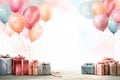 Watercolor painted birthday banner consisting of gifts Celebratory decorations and balloons, soft pastel shades against