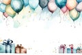 Watercolor painted birthday banner consisting of gifts Celebratory decorations and balloons, soft pastel shades against