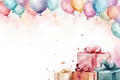 Watercolor painted birthday banner consisting of gifts Celebratory decorations and balloons, soft pastel shades against