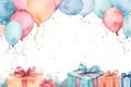 Watercolor painted birthday banner consisting of gifts Celebratory decorations and balloons, soft pastel shades against