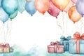 Watercolor painted birthday banner consisting of gifts Celebratory decorations and balloons, soft pastel shades against