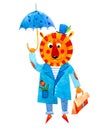 Watercolor painted children`s tiger in a blue coat flying with an umbrella Royalty Free Stock Photo
