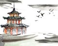 Watercolor painted chinese landscape Royalty Free Stock Photo