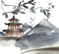 Watercolor painted chinese landscape Royalty Free Stock Photo