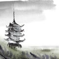 Watercolor painted chinese landscape Royalty Free Stock Photo