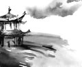 Watercolor painted chinese landscape Royalty Free Stock Photo