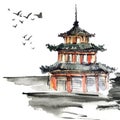 Watercolor painted chinese landscape Royalty Free Stock Photo