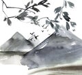 Watercolor painted chinese landscape Royalty Free Stock Photo