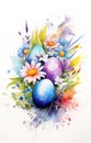 Watercolor painted Easter eggs in grass with flowers. Happy Easter concept illustration