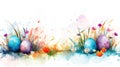 Watercolor painted Easter eggs in grass with flowers. Happy Easter concept illustration