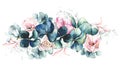 Watercolor painted floral border bunch. Bouquet with leaves, blue hydrangea flowers, pink roses.