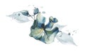 Watercolor painted floral bouque. Arrangement with airy blue flowers of hydrangea, leaves and splashes.