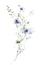 Watercolor painted floral bouquet on white background. Violet, blue wild poppy, pansy flowers, green branches, leaves.