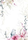 Watercolor painted floral frame. Green, blue, pink background with bird, branches, leaves, flowers, golden textures.