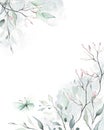 Watercolor painted floral frame on white background. Gray, blue and pink branches, leaves, abstract stains. Royalty Free Stock Photo