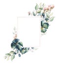 Watercolor painted floral rectangle frame. Arrangement with branches, leaves, flowers of hydrangea and limonium. Royalty Free Stock Photo