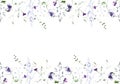 Watercolor painted floral rectangle frame on white background. Violet, blue wild flowers, green branches, leaves. Royalty Free Stock Photo