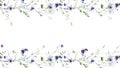 Watercolor painted floral rectangle frame on white background. Violet, blue wild flowers, green branches, leaves. Royalty Free Stock Photo