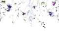 Watercolor painted floral rectangle frame on white background. Violet, blue wild flowers, green branches, leaves. Royalty Free Stock Photo