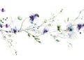 Watercolor painted floral rectangle frame on white background. Violet, blue wild flowers, green branches, leaves. Royalty Free Stock Photo