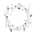 Watercolor painted floral round frame on white background. Violet, blue wild flowers, green branches, leaves. Royalty Free Stock Photo