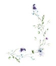 Watercolor painted floral round frame on white background. Violet, blue wild flowers, green branches, leaves. Royalty Free Stock Photo