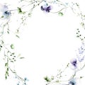 Watercolor painted floral round frame on white background. Violet, blue wild flowers, green branches, leaves. Royalty Free Stock Photo