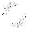 Watercolor painted floral round frame on white background. Violet, blue wild flowers, green branches, leaves. Royalty Free Stock Photo