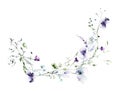 Watercolor painted floral round frame on white background. Violet, blue wild flowers, green branches, leaves. Royalty Free Stock Photo