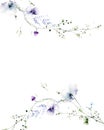 Watercolor painted floral round frame on white background. Violet, blue wild flowers, green branches, leaves. Royalty Free Stock Photo