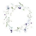 Watercolor painted floral round frame on white background. Violet, blue wild flowers, green branches, leaves. Royalty Free Stock Photo