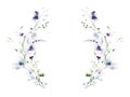 Watercolor painted floral round frame on white background. Violet, blue wild flowers, green branches, leaves. Royalty Free Stock Photo