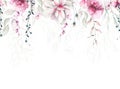 Watercolor painted floral seamless frame. Turquoise, pink, green leaves and twigs, roses and lotus flowers. Royalty Free Stock Photo