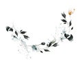 Watercolor floral semicircular frame. Pastel orange poppy, blue, gray wild flowers, black leaves, branches, herbs.