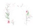 Watercolor painted floral square frame on white background. Green, turquoise and pink flowers, branches. Royalty Free Stock Photo