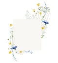 Watercolor painted floral strip frame on white background. Blue and yellow wild flowers, branches, leaves and twigs.