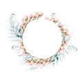 Watercolor painted floral wreath on white background. AFern branches, leaves and limonium. Royalty Free Stock Photo