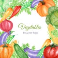 Watercolor painted frame of vegetables tomato, pepper, eggplant, beat, carrot, cabbage. Hand drawn fresh healty vegan Royalty Free Stock Photo