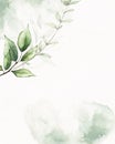 Watercolor painted gentle greenery frame template. Green and background with branches, leaves and abstract washes.