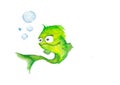 Watercolor painted green cartoon fish blowing bubbles. Drawing on a white background Royalty Free Stock Photo