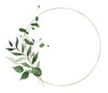 Watercolor painted greenery round golden frame on white background. Green wild plants, branches, leaves and twigs.