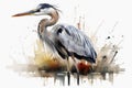 Watercolor painted grey heron on a white background