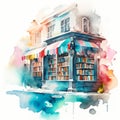 Watercolor painted illustration of bookstore with books on the bookshelf.