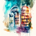 Watercolor painted illustration of bookstore with books on the bookshelf.