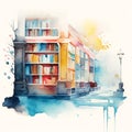 Watercolor painted illustration of bookstore with books on the bookshelf.