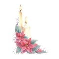 Watercolor painted illustration with Poinsettia flowers and flaming candles. For Xmas, New Year card