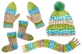 Watercolor painted knitted winter woolen clothes set. mitten, scarf, cap with pompon. Knitting hat, in blue green brown