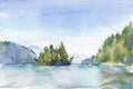 Watercolor painted landscape with a lake and an island