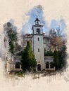 Watercolor painted old church, Blagoevgrad, Bulgaria Royalty Free Stock Photo