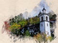 Watercolor painted old church, Blagoevgrad, Bulgaria Royalty Free Stock Photo